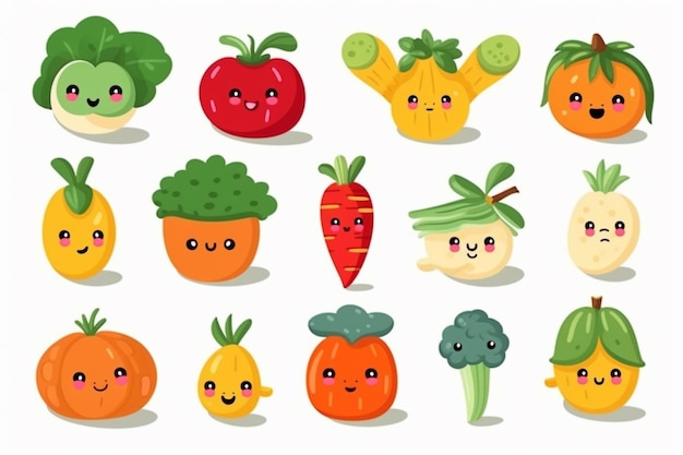 A set of cute vegetables with faces and eyes generative ai