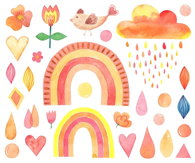 Set of cute watercolor elements rainbow drops cloud flower bird heart Used trend colors ocher orange lash lava Hand draw in naive Scandinavian style Design for children room and textiles