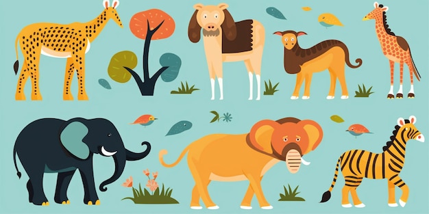 set of cute weird animal cartoon illustration