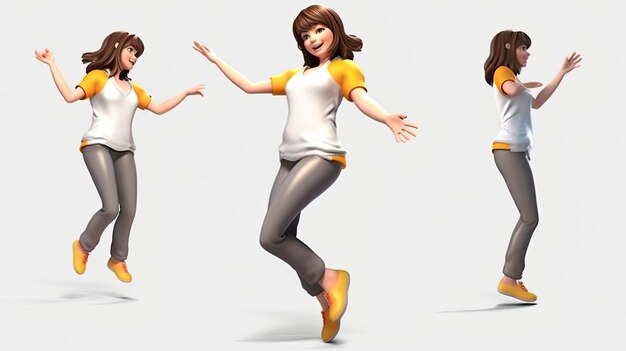 Set of cute young women dancing playful cartoon characters