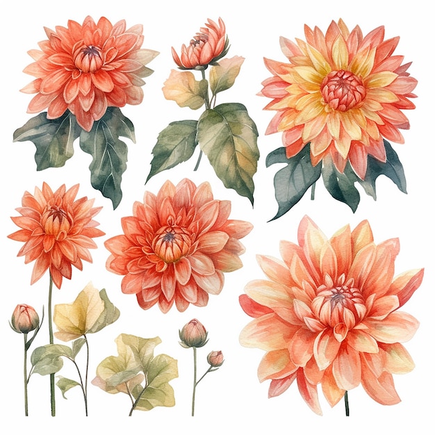 A set of dahlias with leaves and flowers.