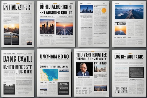 Photo set daily newspaper journal design template with editable headlines quotes text articles and color images