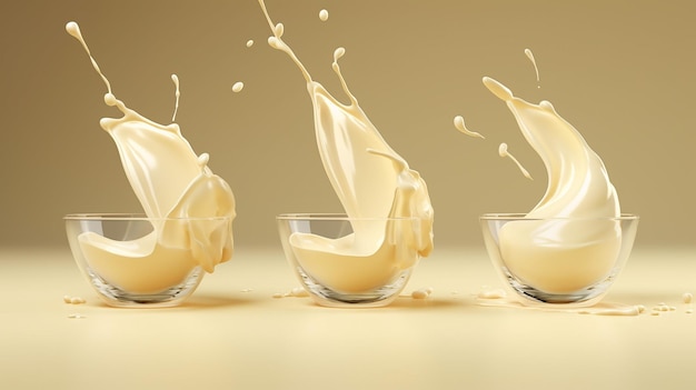 Set of dairy cream or milk splashes in a bowl 3d illustration