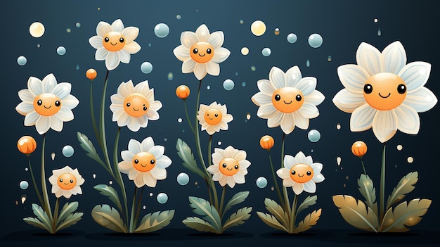 Set of daisy flower and stars on grey background vector illustration Cute cartoon character