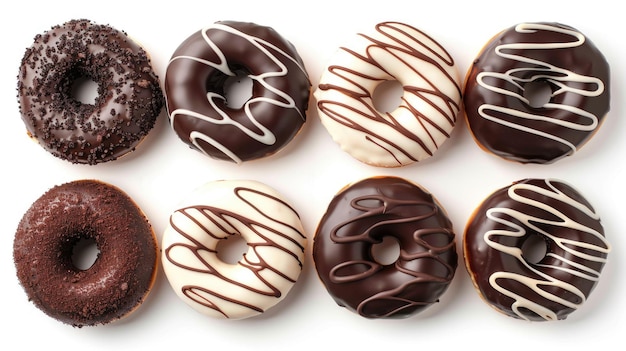 Photo set of dark and white chocolate donuts isolated on white background top view