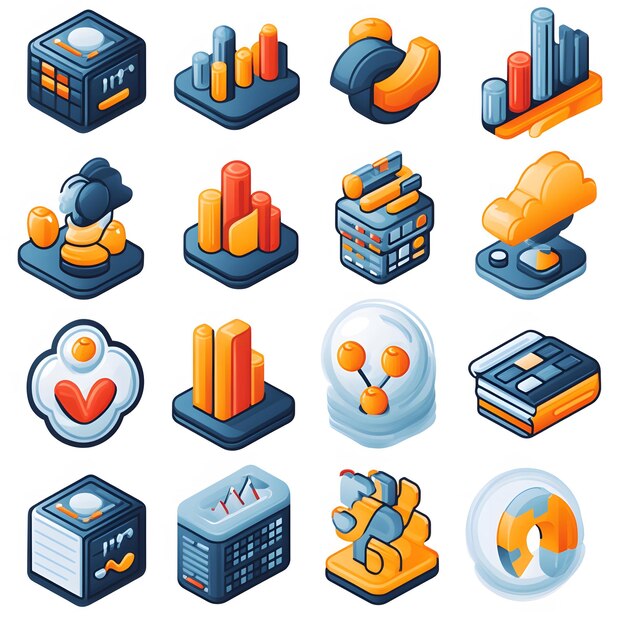 一組包含數據圖標的數據象徵元素,如數據庫符號,數據圖表和分析圖表,包括數據可視化,信息處理和統計表示.