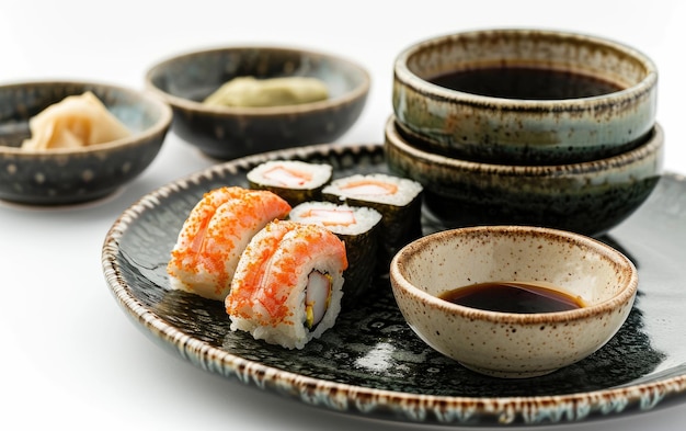 Photo set de platos de sushi de ceramica con plato para salsa de soja