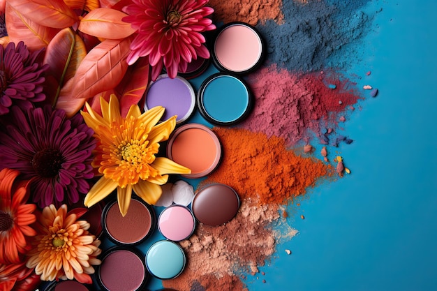 Set of decorative cosmetics on colorful background