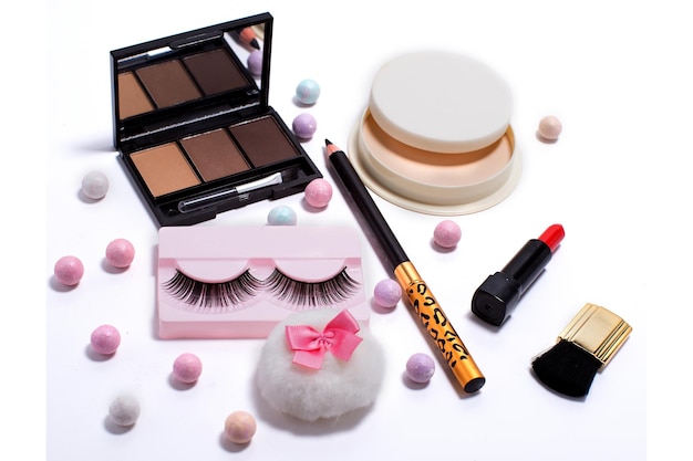 Set of decorative cosmetics on white background