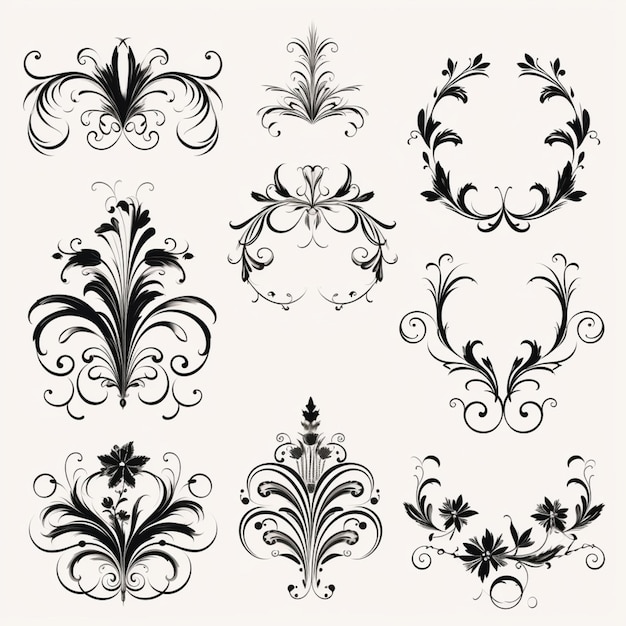 A set of decorative floral elements in black and white generative ai