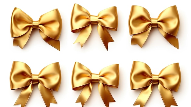 Set of decorative golden bows with horizontal yellow ribbon isolated on white background Generative Ai