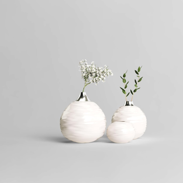 Set of decorative modern white vases isolated on light background