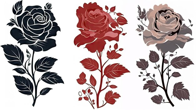 Photo set of decorative rose with leaves flower silhoutte on white background