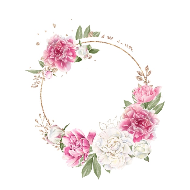 Set di delicate peonie rosse e bianche e cornici dorate illustrazione ad acquerello