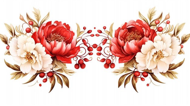 Set of delicate red and white peonies and gold frames watercolor illustration