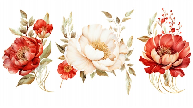 Set of delicate red and white peonies and gold frames watercolor illustration