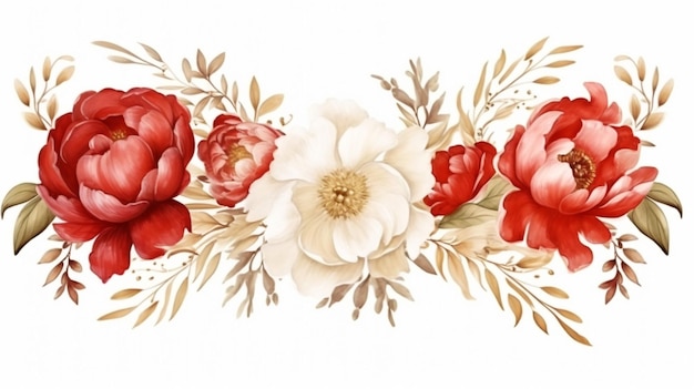 Set of delicate red and white peonies and gold frames watercolor illustration