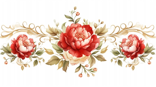 Set of delicate red and white peonies and gold frames watercolor illustration