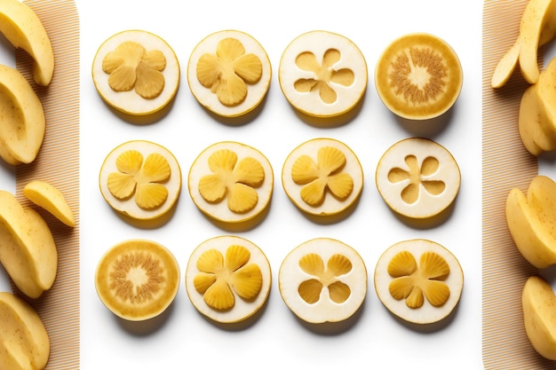 Photo set of delicious banana slices on a white background