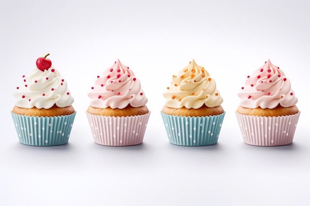 Set of delicious birthday cupcakes on white background Banner design