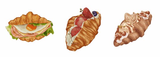 Set of delicious cafe breakfast croissant sandwich hand drawn watercolor illustration