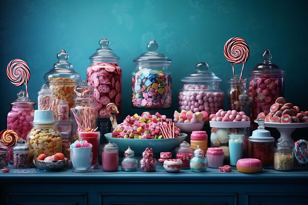 Set of delicious colored confectionery products Sweets on the counter of a confectionery shop