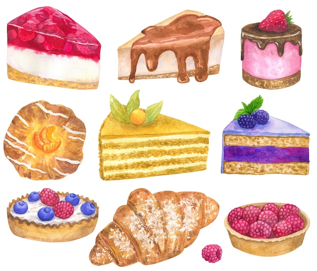 Set of delicious desserts. watercolor style. Isolated