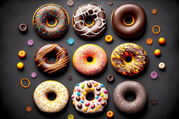 Set of delicious fresh donuts on dark gray background