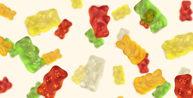 Photo set of delicious jelly bears falling