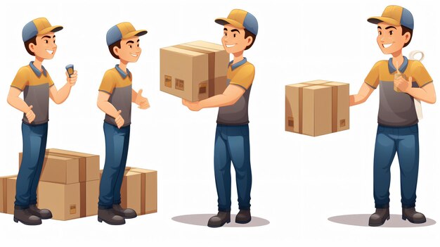 Set of delivery man with boxes on white background