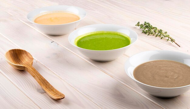 Set of diet cream soups on a light wooden background Broccoli pumpkin mushrooms Dietary and healthy food