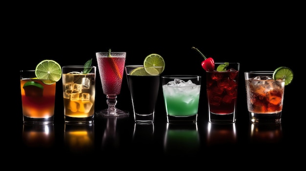 A set of different alcoholic cocktails on a black background summer cocktails