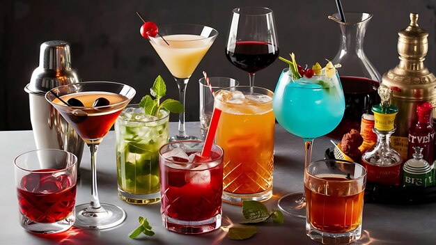 Photo set of different alcoholic drinks and cocktails