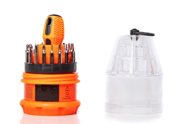 A set of different attachments for a head screwdriver with a screwdriver on a white background