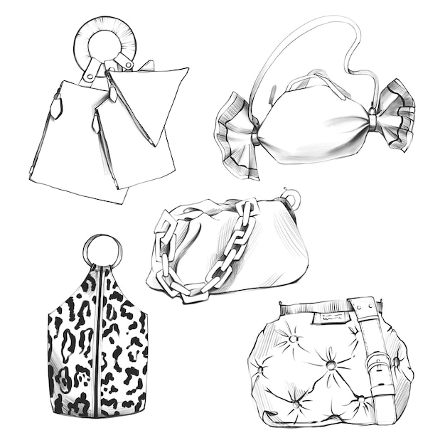 Photo set of different bags, graphic fashion sketch, raster illustration