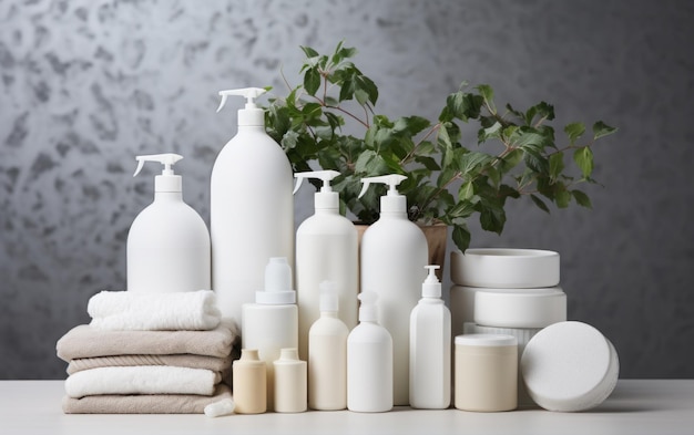 Set of different bottles of cleaning products in a row in a modern bathroom design