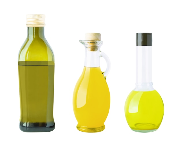 Photo set of different bottles of oils. food ingredients and seasoning isolated on white wall