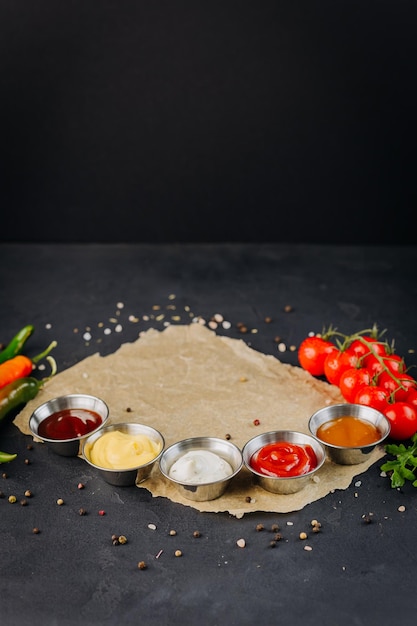 Photo set of different bowls of various dip sauces on dark background served with vegetable