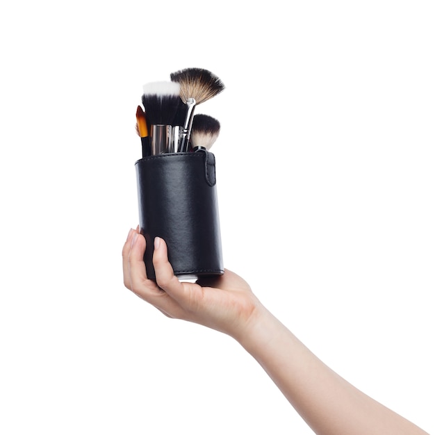 Set of different brushes for make-up in special case isolated on white