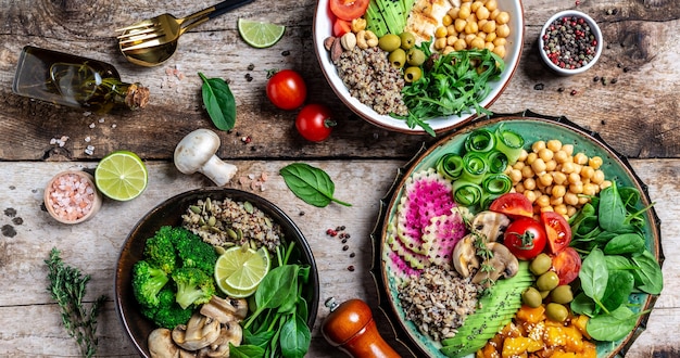 Set of different buddha bowls. Clean and balanced healthy food concept. top view.