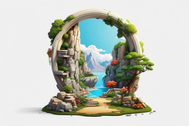 Set of different buildings trees stones rocks plants island flying land and natural elements