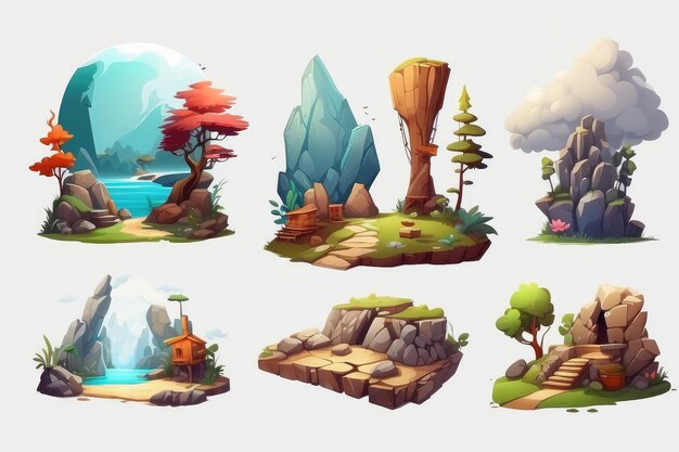 Set of different buildings trees stones rocks plants island flying land and natural elements