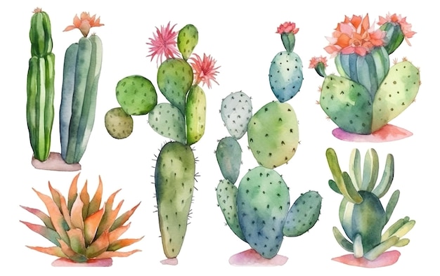 A set of different cactuses on a white background.