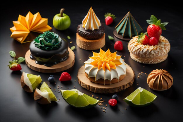 Photo set of different cakes on a black background desserts generative ai