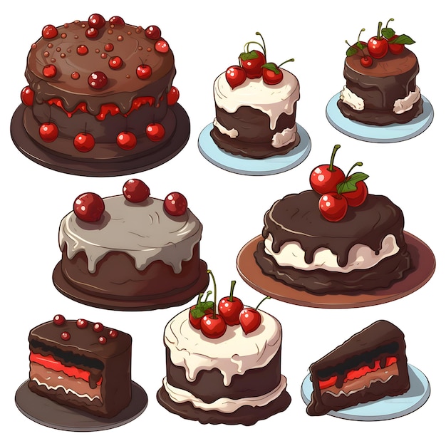 Набор различных пирогов с вишнями и сливками Векторная иллюстрация