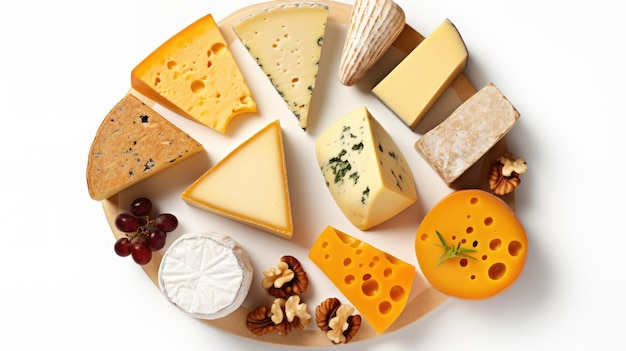 Photo set of different cheeses on white background top view