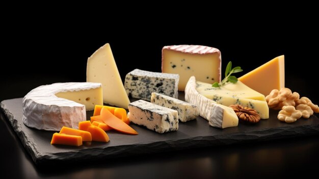 Set of different cheeses on wooden desk on black background