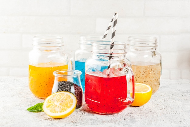 Set of different chia seed drink, tropical fruit cocktails