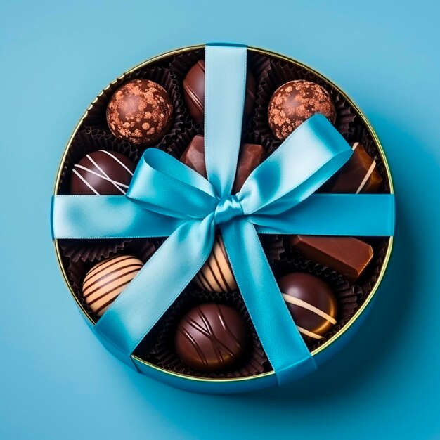 Photo a set of different chocolates in a paper box with a satin blue ribbon on a bright blue background