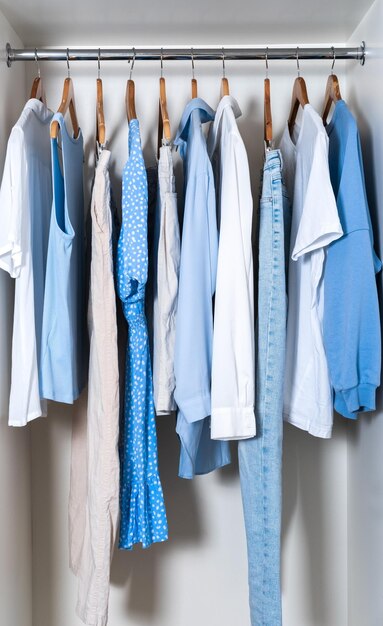 Photo set of different clothes of white and blue colors hanging on rack